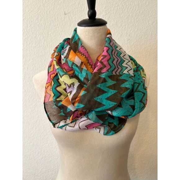 Bold Pink, Orange, Yellow, Teal & Brown Infinity Scarf 33"‎ x 35"  Lightweight - Picture 4 of 4